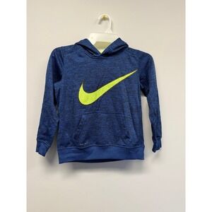 Nike Dri-FIT Kids Blue Space Dye Pullover Hoodie Neon Yellow Swoosh Size 7 L